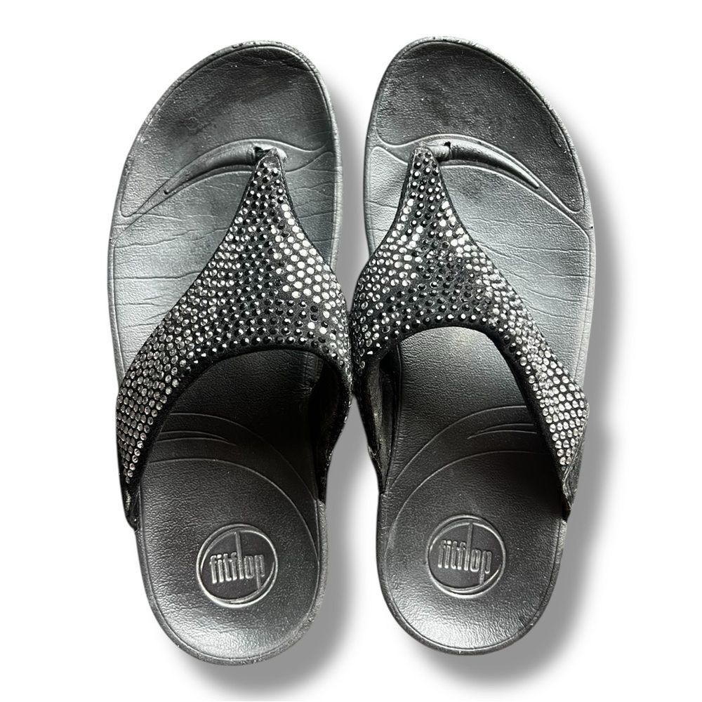 FitFlop Lulu Crystal Black Rhinestone Wedge Thong Sandals Size 7  Comfort Casual